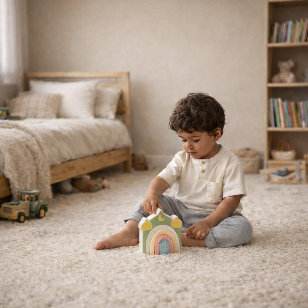 Kind dat thuis speelt met deen speelgoed in een warme en rustige kinderkamer, passend bij islamitische waarden en bewuste opvoeding.