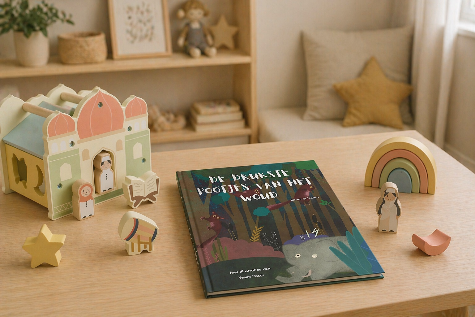 Sfeerfoto van het kinderboek De drukste pootjes van het woud liggend op een houten tafel in een neutrale kinderkamer, met houten Little Farah speelgoed op de voorgrond.