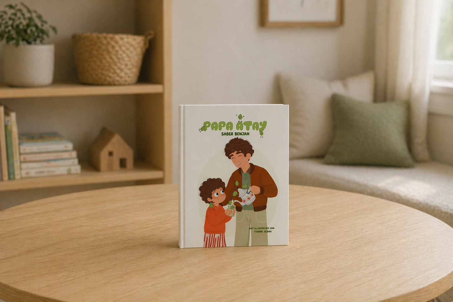 Sfeerfoto van het kinderboek Papa Atay staand op een houten tafel in een rustige, neutrale kinderkamer met zachte natuurlijke tinten.