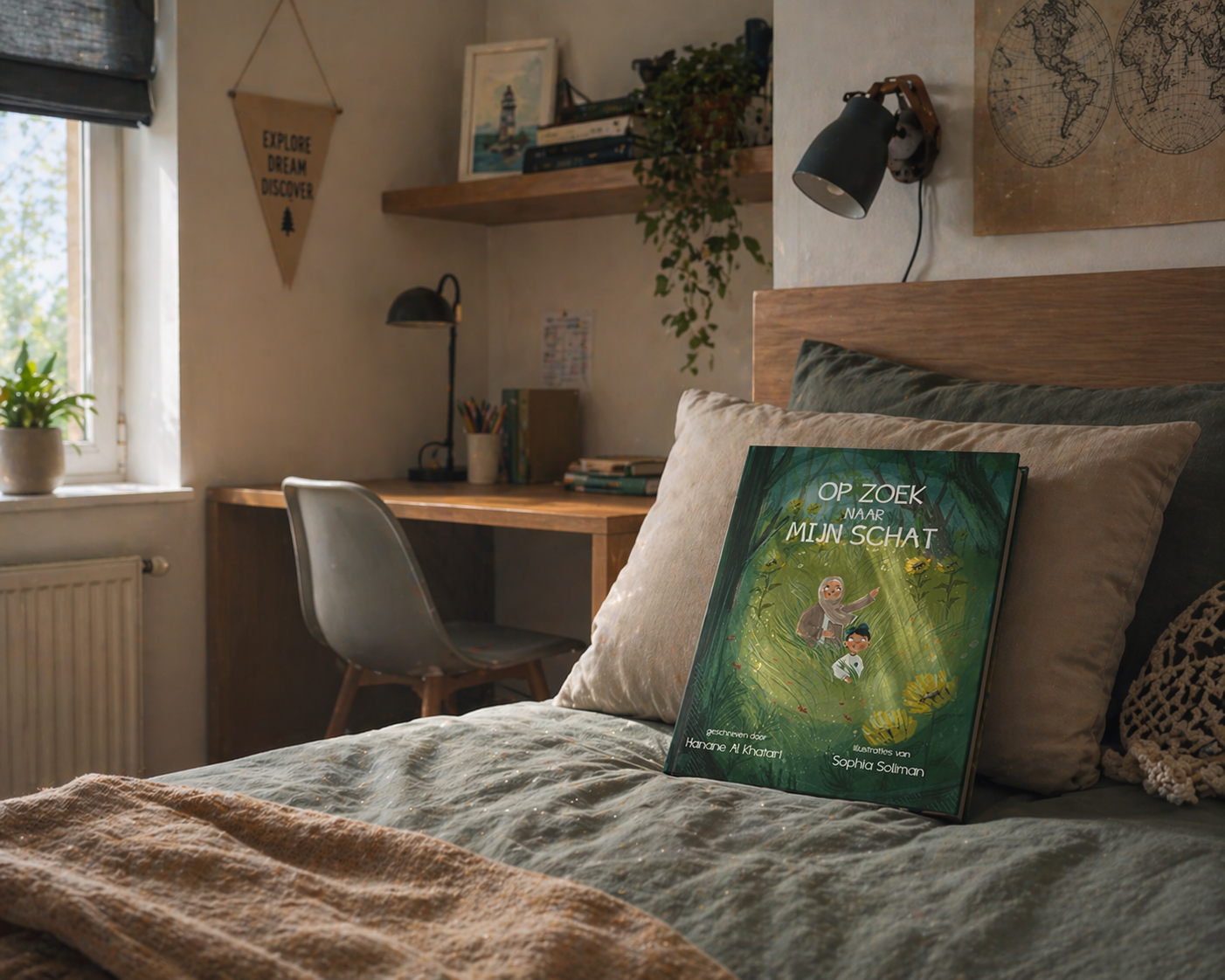 Hardcover kinderboek Op Zoek Naar Mijn Schat liggend op bed in een rustige kinderkamer voor kinderen van 8 tot 12 jaar