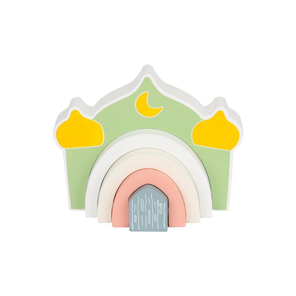 Frontfoto van houten masjid regenboogbogen, set met moskee/masjid vorm met gele koepels en maan, en meerdere houten bogen in wit en pastel (o.a. roze), Montessori geïnspireerd open ended play, kinderen kunnen bogen stapelen, sorteren op grootte en kleuren, en bouwen tot bruggen en kleine fantasiewerelden, educatief houten speelgoed voor motoriek en concentratie