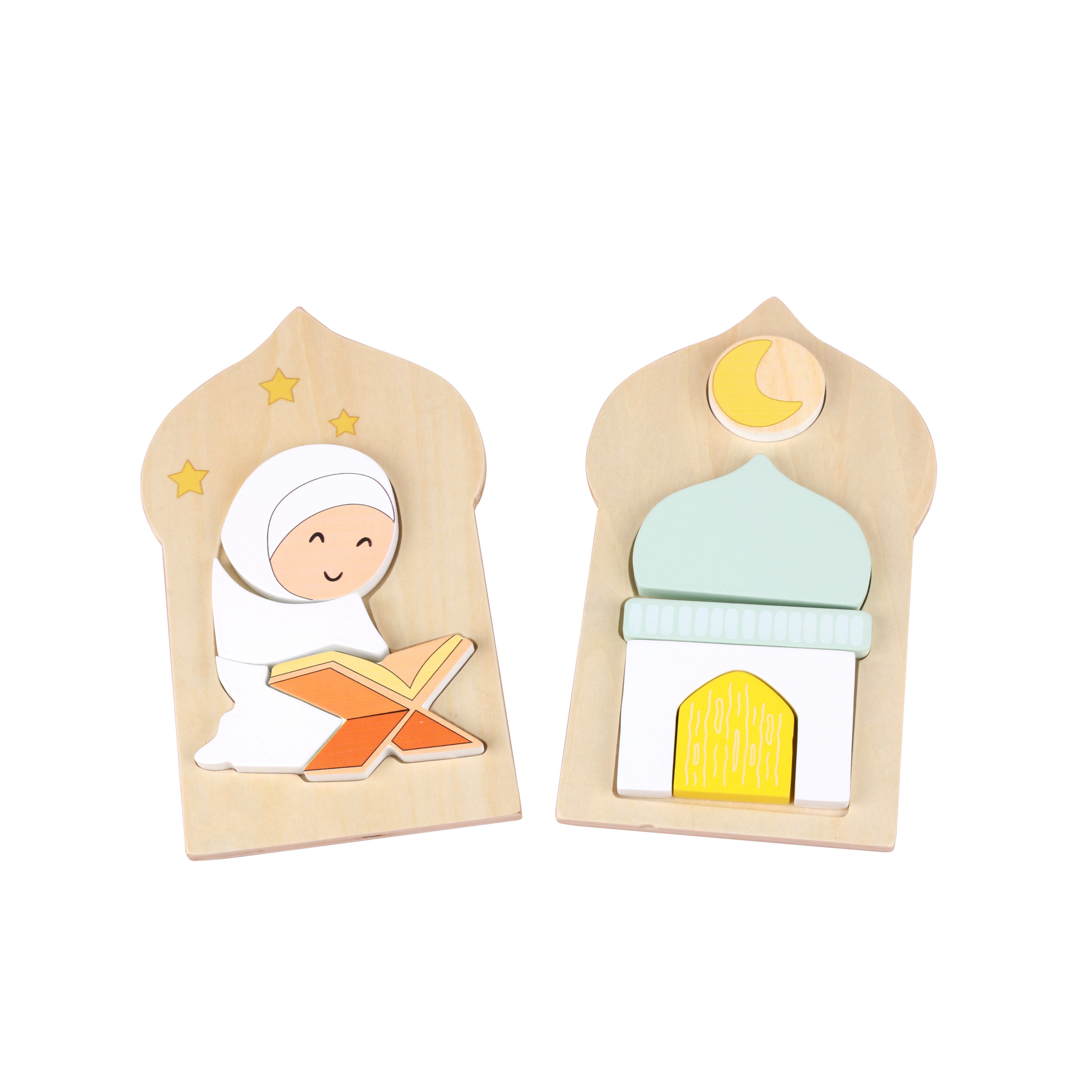 Overzicht van islamitische houten inlegpuzzelset (set van 2), Montessori geïnspireerde puzzels in mihrab-vorm, met rustige kleuren en natuurlijke houttinten, één puzzel met moskee met koepel en maan en één puzzel met kind dat Qur’an leest op een rihal, educatief puzzelspeelgoed dat fijne motoriek, hand-oogcoördinatie, vormherkenning, concentratie en zelfstandig spelen stimuleert