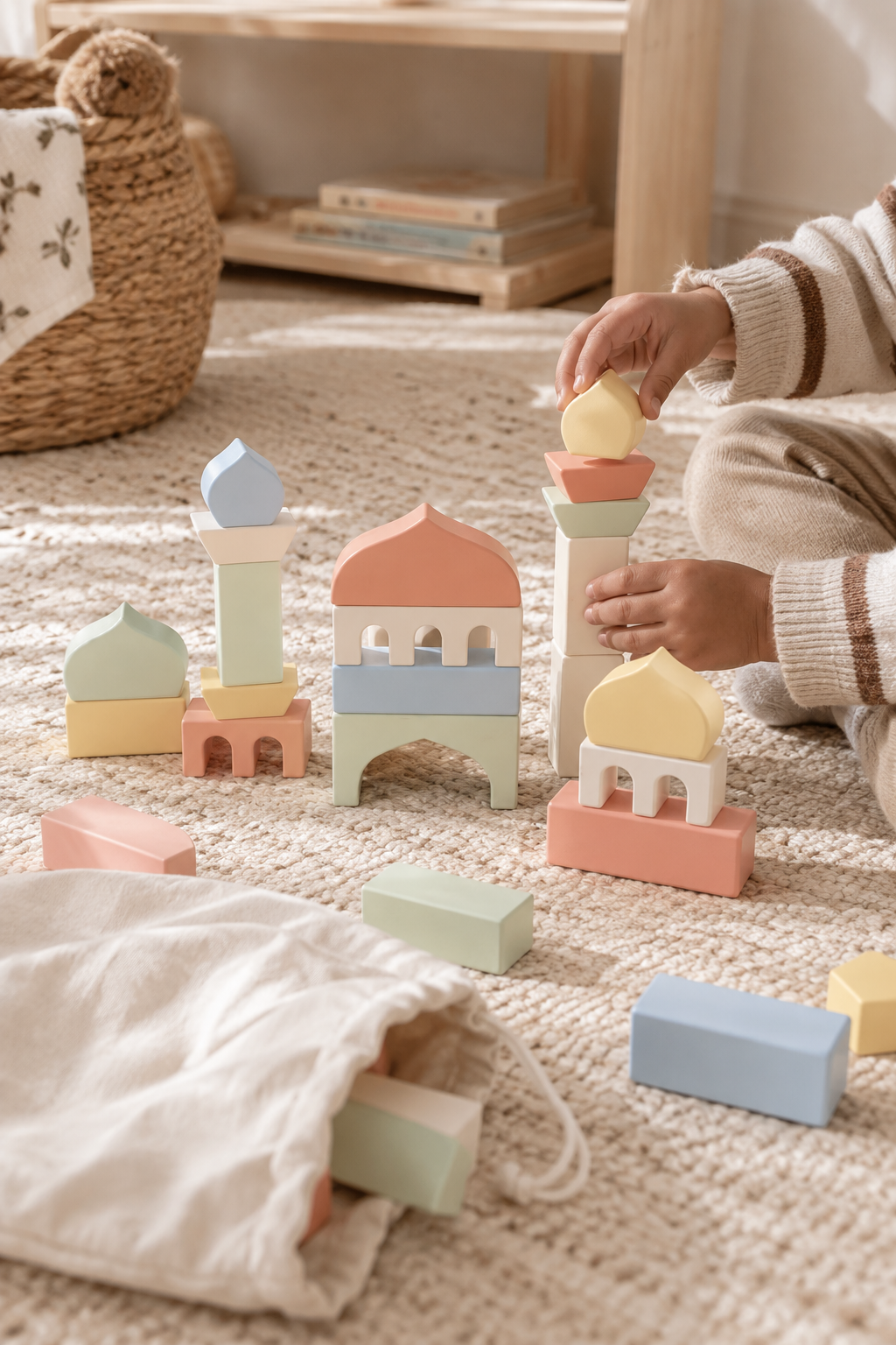 Kind speelt met pastel houten Masjid Blocks van Little Farah en bouwt een moskee met islamitisch houten speelgoed.